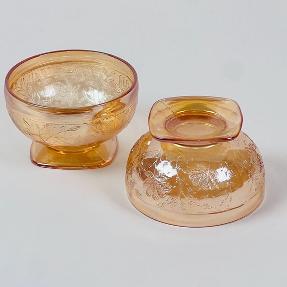 Vintage 2 Carnival Glass Orange Lusterware Sherbet Dish Footed Pedestal Glasses - Picture 6 of 7